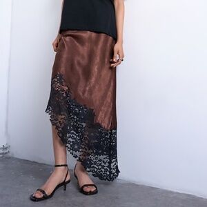 Topshop Satin Asymmetric Lace Hem Maxi Skirt - Chocolate 12